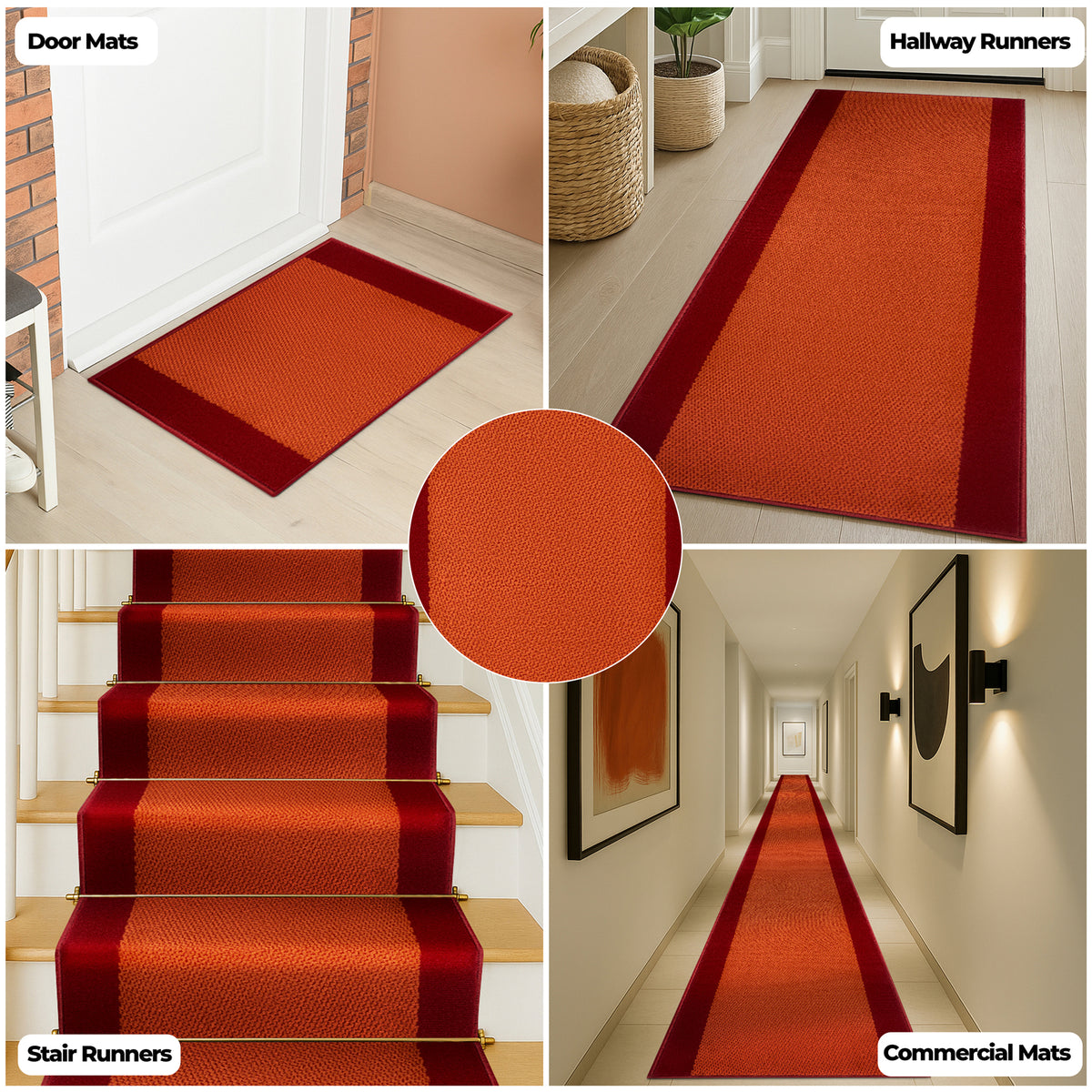 Terracotta Border Stair Runner, Hessian Backed Hallway Carpet Runner, 60cm Wide, 9mm Low Pile, Custom Lengths
