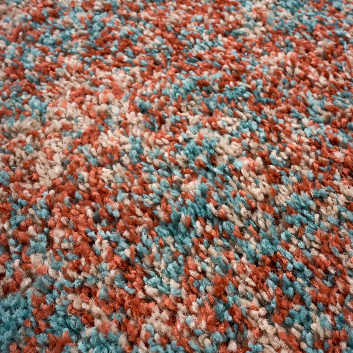 Terracotta and Teal Mottled Shaggy Rug, Thick 40mm Pile, Non-Shed Polypropylene, Underfloor Heating Safe, Enjoy