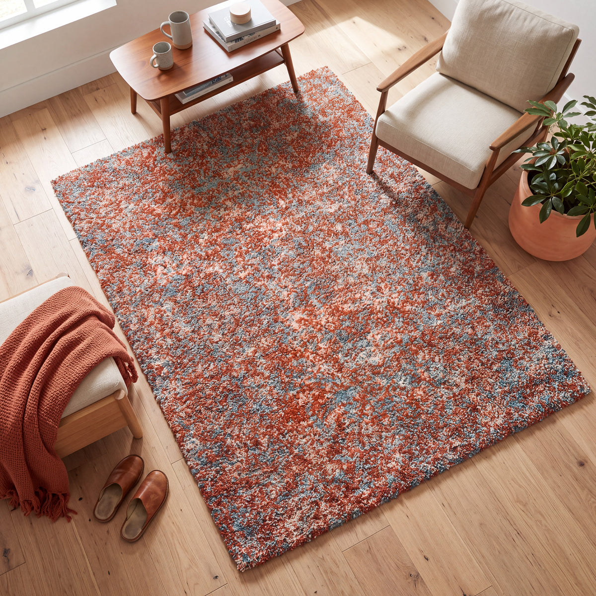 Terracotta and Teal Mottled Shaggy Rug, Thick 40mm Pile, Non-Shed Polypropylene, Underfloor Heating Safe, Enjoy