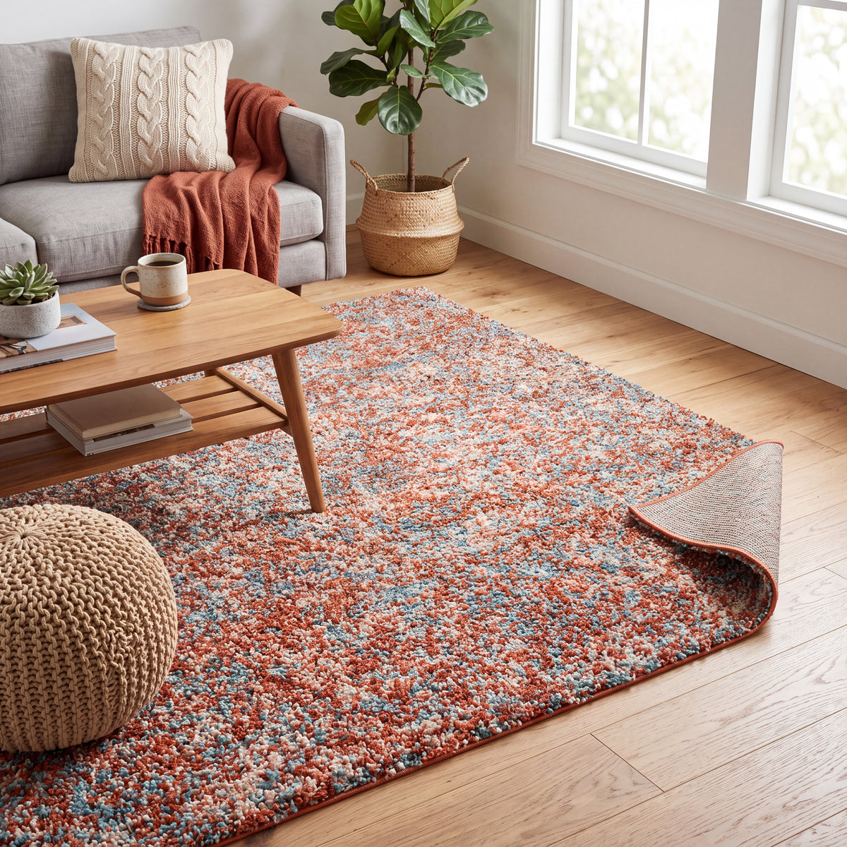Terracotta and Teal Mottled Shaggy Rug, Thick 40mm Pile, Non-Shed Polypropylene, Underfloor Heating Safe, Enjoy