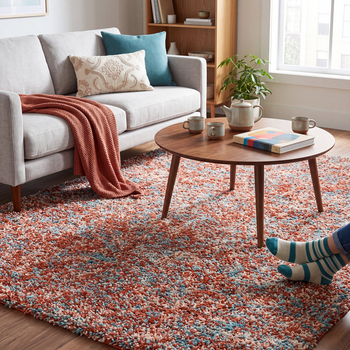 Terracotta and Teal Mottled Shaggy Rug, Thick 40mm Pile, Non-Shed Polypropylene, Underfloor Heating Safe, Enjoy