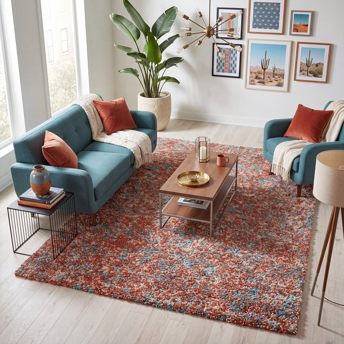 Terracotta and Teal Mottled Shaggy Rug, Thick 40mm Pile, Non-Shed Polypropylene, Underfloor Heating Safe, Enjoy