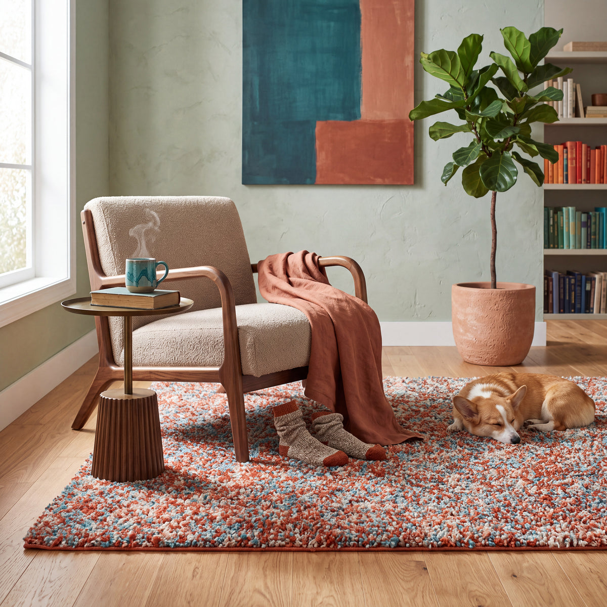 Terracotta and Teal Mottled Shaggy Rug, Thick 40mm Pile, Non-Shed Polypropylene, Underfloor Heating Safe, Enjoy