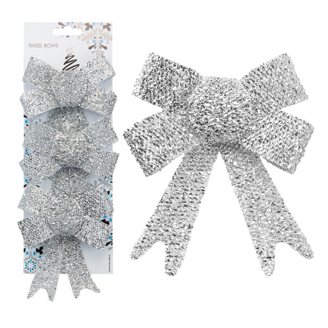 Christmas Tinsel Bow Silver Glitter 3 Pack 10cm