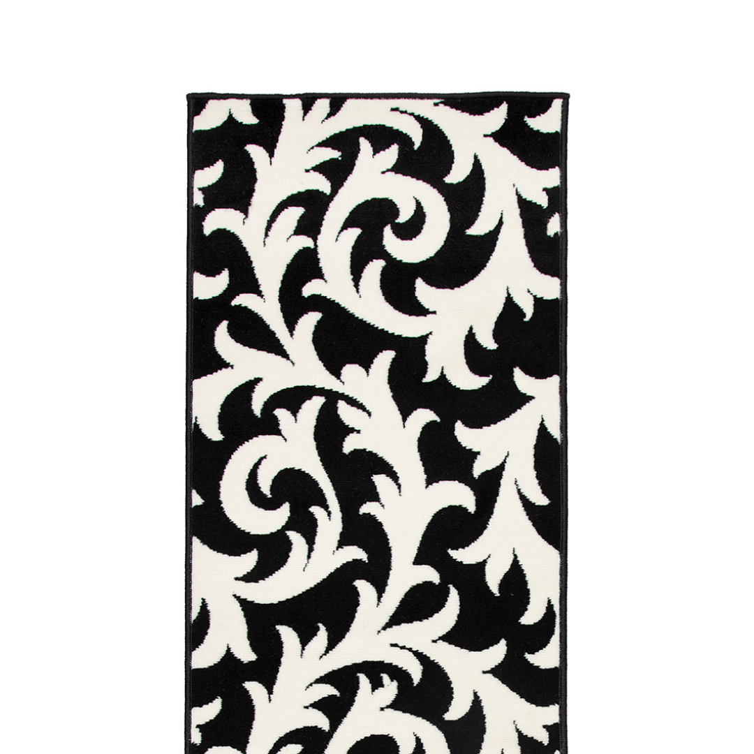 Hard Wearing Hessian Backed Stair Runner Kitchen Mat - Texas Black & White Filigree Stair Runner Rug Masters