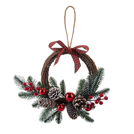 Christmas Berry Pine Ball Wreath With Bow - 33cm-5050565624345-Bargainia.com