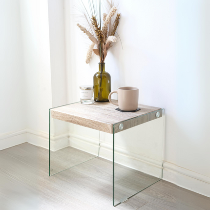 Modern Glass Side Table with Wood Finish Top 40cm