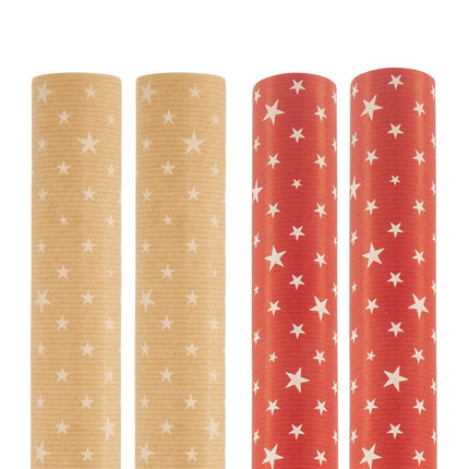 Red or Natural Stars Kraft Wrapping Paper - Singles or 4 Pack - 2m Roll-5012213535625-Bargainia.com