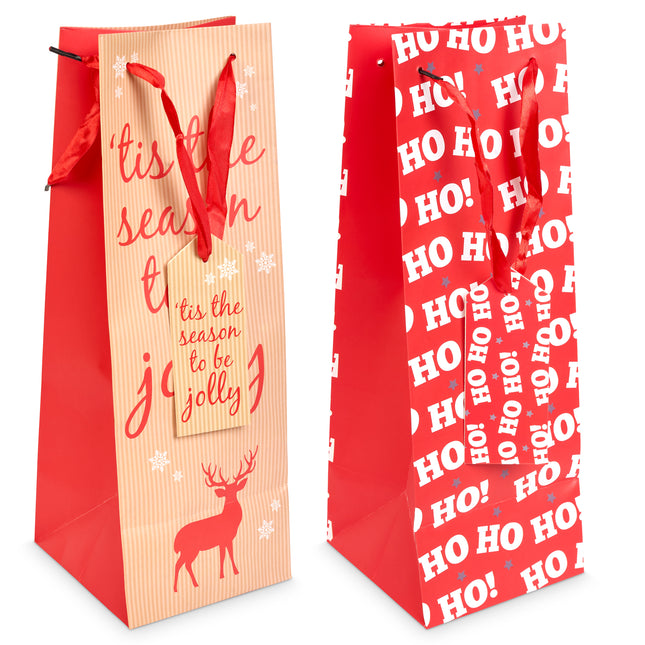 Christmas Bottle Gift Bags - Bright Festive Designs -  2 Pack - Assorted