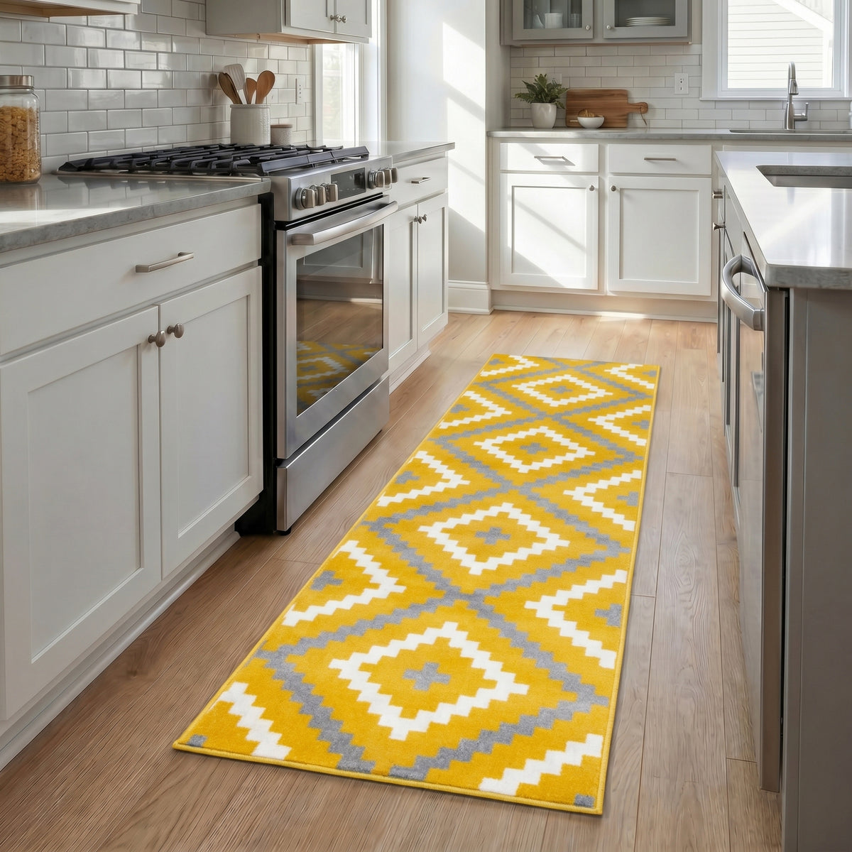 Yellow and Grey Geometric Stair Runner, Aztec Tile Hessian Backed Hallway Runner, 60cm Wide, 9mm Pile, Custom Lengths