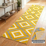 Yellow and Grey Geometric Stair Runner, Aztec Tile Hessian Backed Hallway Runner, 60cm Wide, 9mm Pile, Custom Lengths