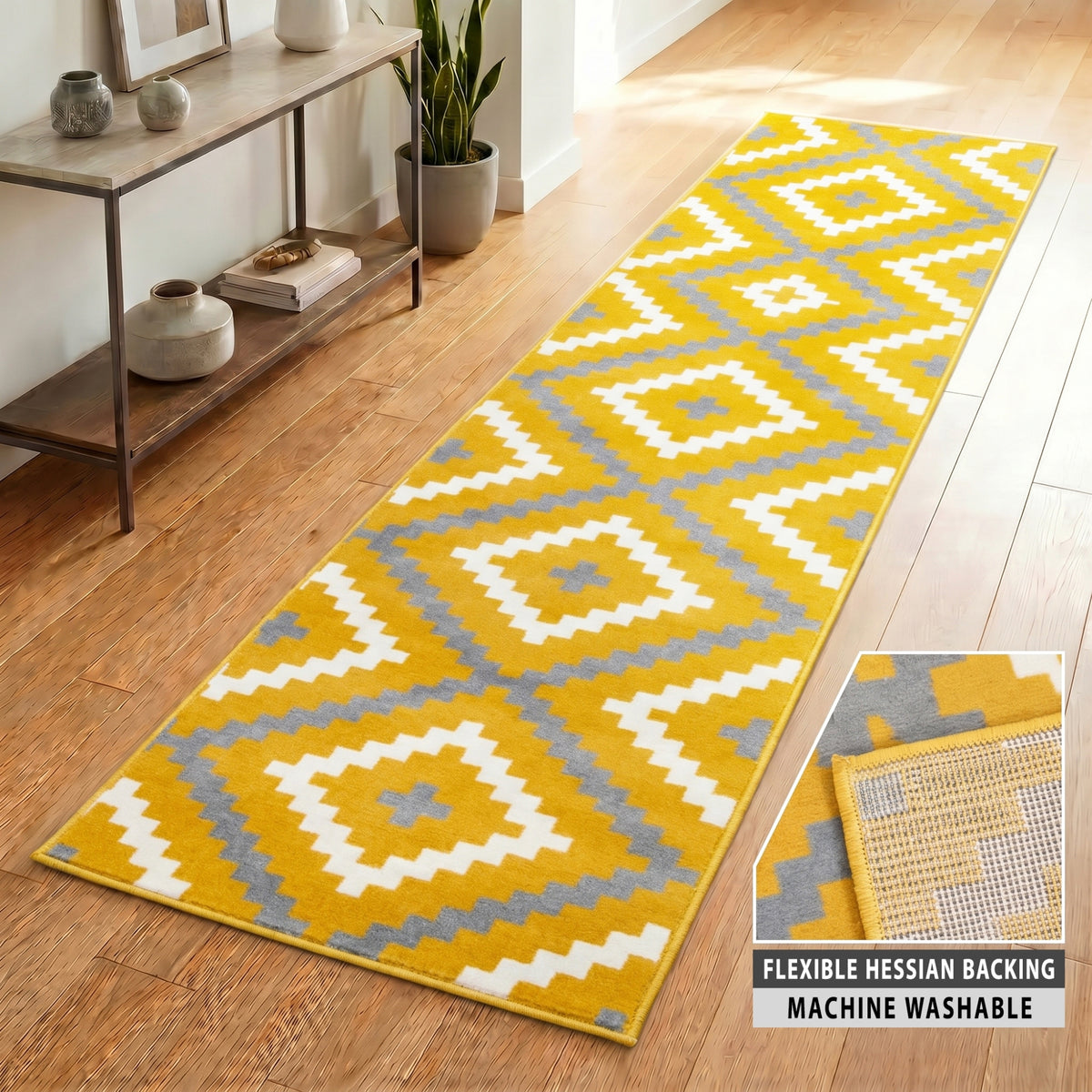 Yellow and Grey Geometric Stair Runner, Aztec Tile Hessian Backed Hallway Runner, 60cm Wide, 9mm Pile, Custom Lengths
