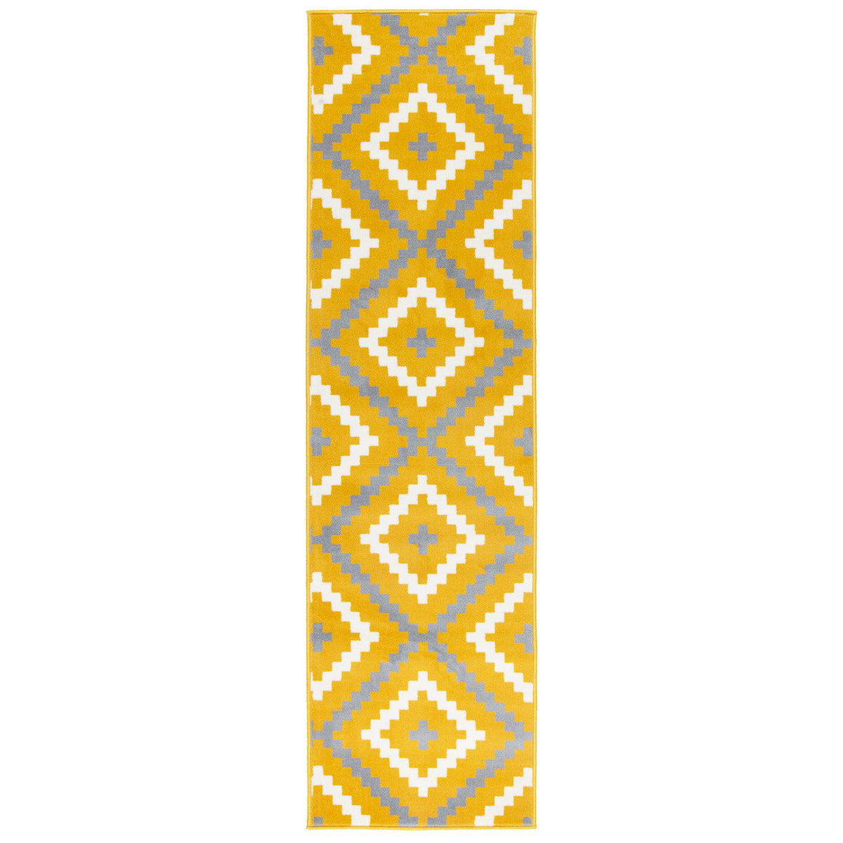 Yellow and Grey Geometric Stair Runner, Aztec Tile Hessian Backed Hallway Runner, 60cm Wide, 9mm Pile, Custom Lengths