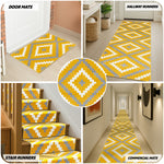 Yellow and Grey Geometric Stair Runner, Aztec Tile Hessian Backed Hallway Runner, 60cm Wide, 9mm Pile, Custom Lengths