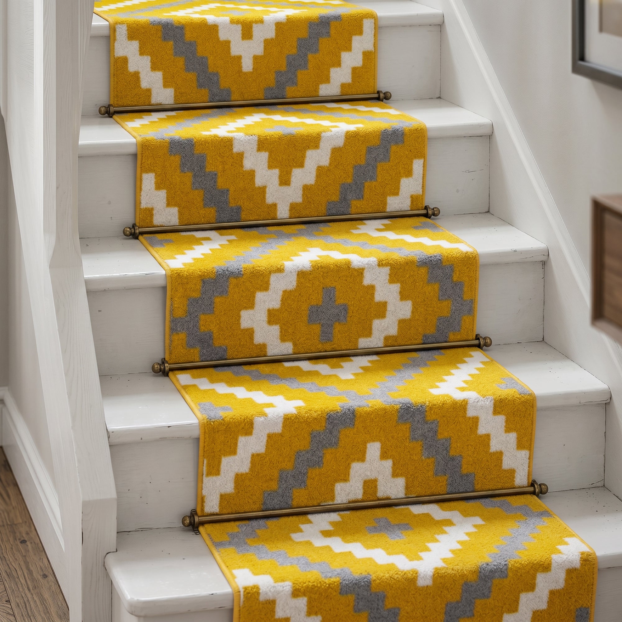 Yellow and Grey Geometric Stair Runner, Aztec Tile Hessian Backed Hallway Runner, 60cm Wide, 9mm Pile, Custom Lengths