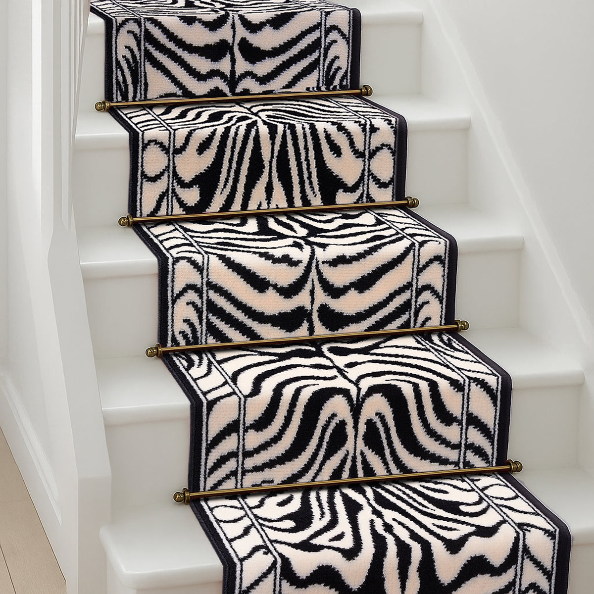 Zebra Print Stair Runner, Black and Cream Animal Print Hessian Backed Hallway Runner, 60cm Wide, 9mm Pile, Custom Length