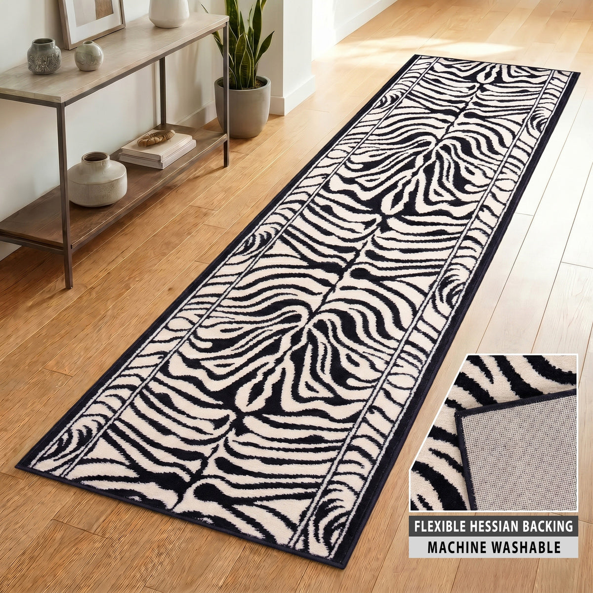 Zebra Print Stair Runner, Black and Cream Animal Print Hessian Backed Hallway Runner, 60cm Wide, 9mm Pile, Custom Length