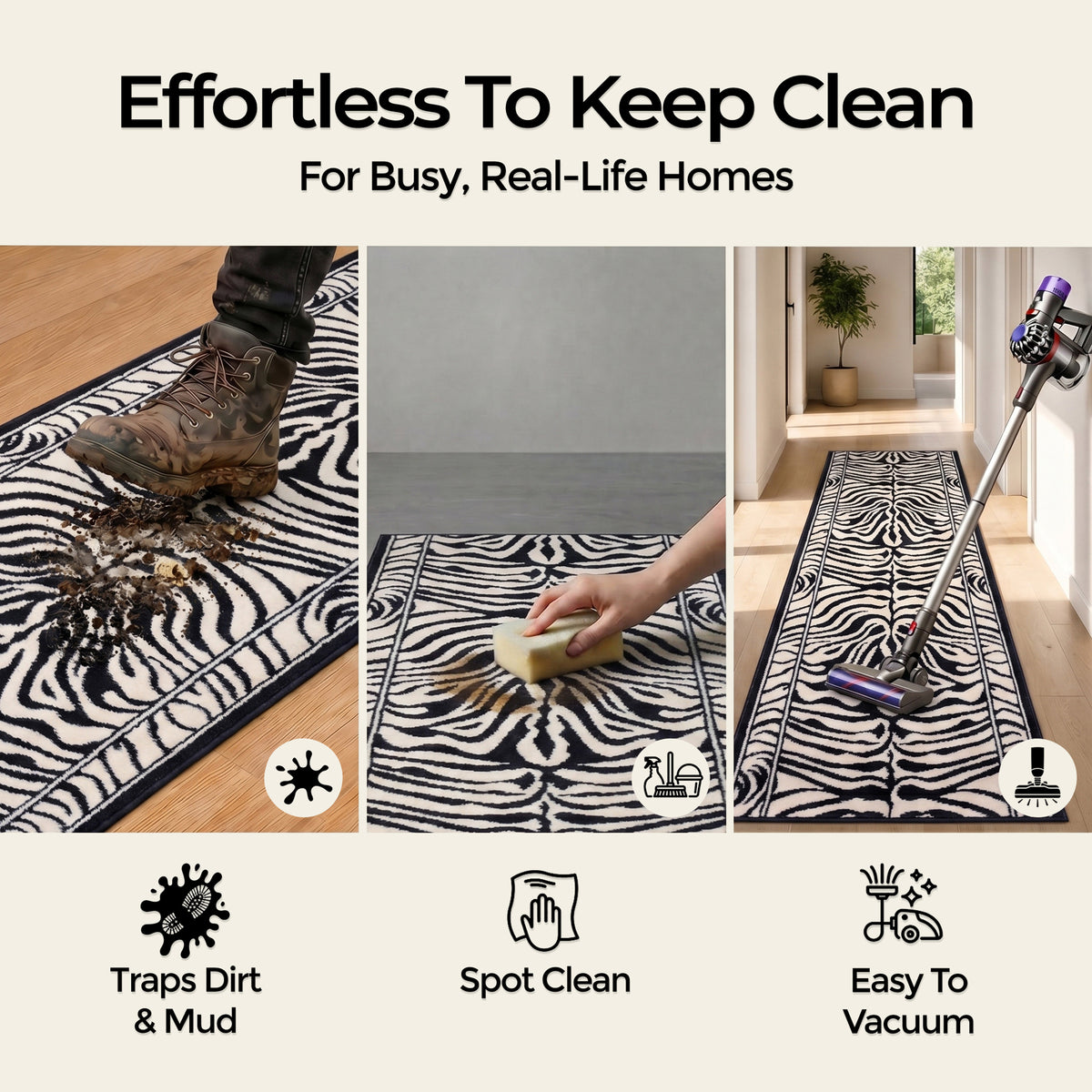 Zebra Print Stair Runner, Black and Cream Animal Print Hessian Backed Hallway Runner, 60cm Wide, 9mm Pile, Custom Length