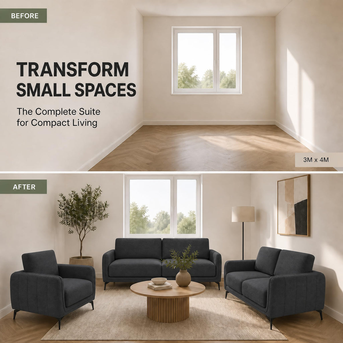 Brixton Dark Grey Fabric Sofa Suite, Armchair, 2 Seater and 3 Seater Set, Linen Look with Solid Wood Frame