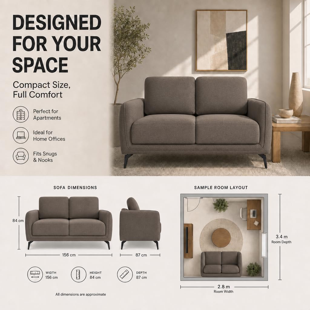 Brixton Dark Brown Fabric Sofa, 2 Seater Linen Look Settee with Solid Wood Frame, Foam Cushions and Steel Legs