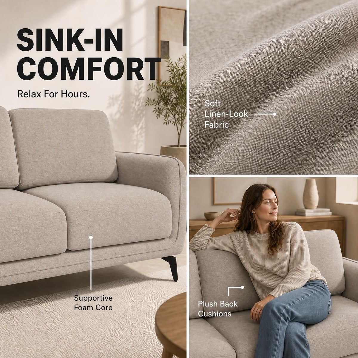 Brixton Cream Fabric Sofa, 2 Seater Linen Look Settee with Solid Wood Frame, Foam Cushions and Steel Legs