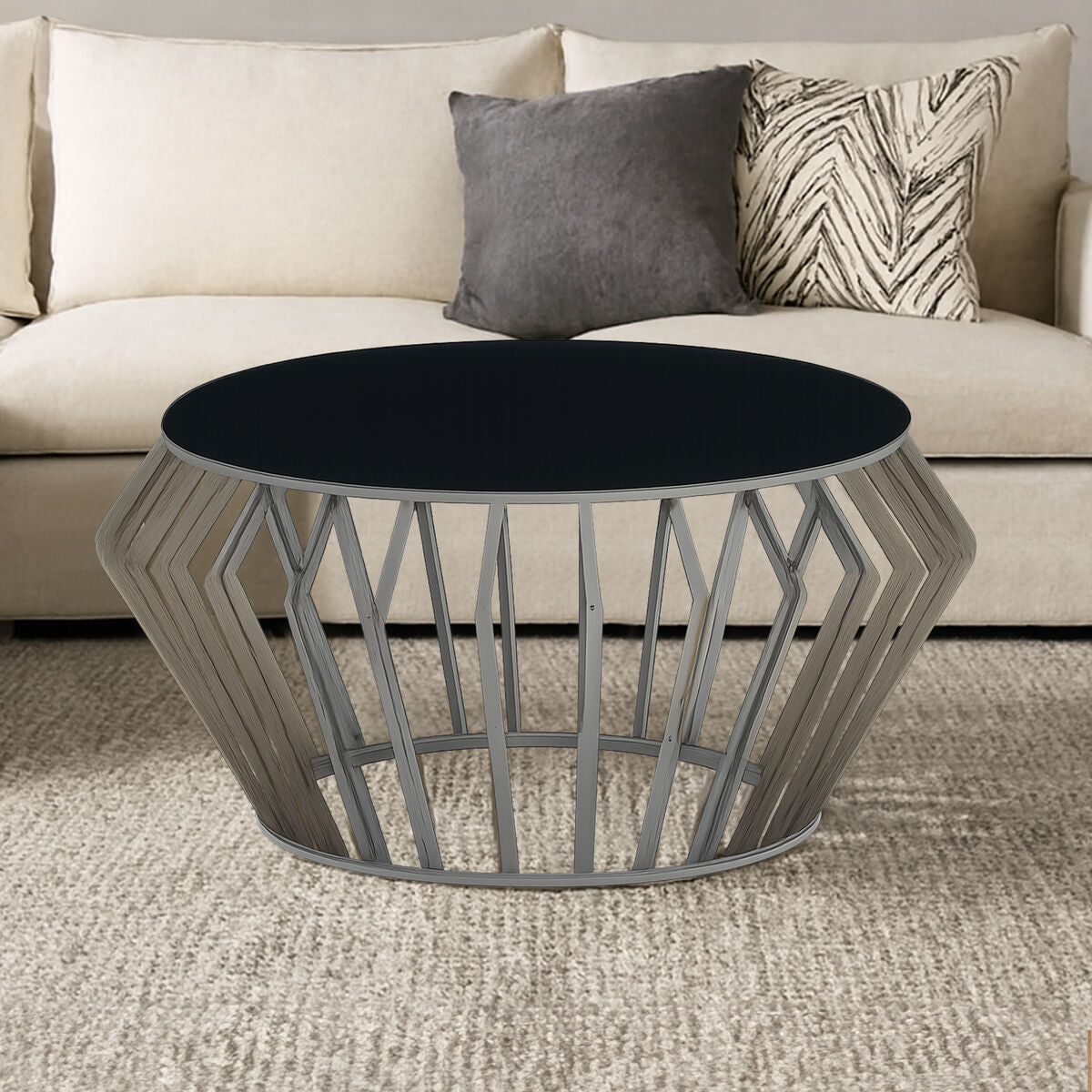 Ackley Silver Round Coffee Table with Black Glass - Bargainia.com - 5018705475769