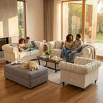 Chesterfield Velvet Sofa Suite, Cream 3 Piece Set with Armchair, 2 Seater and 3 Seater Sofa, Button Back