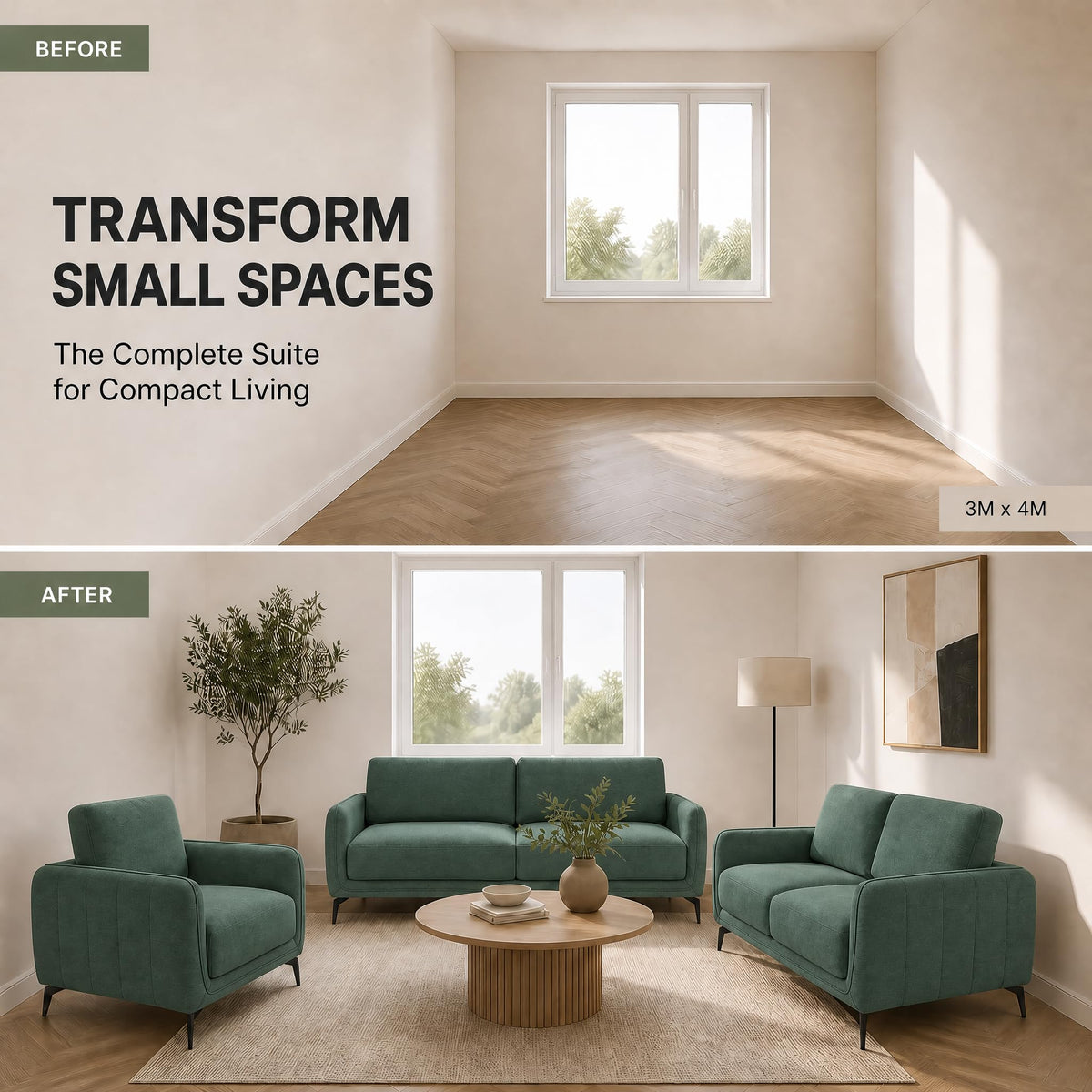 Brixton Green Fabric Sofa Suite, Armchair, 2 Seater and 3 Seater Set, Linen Look with Solid Wood Frame