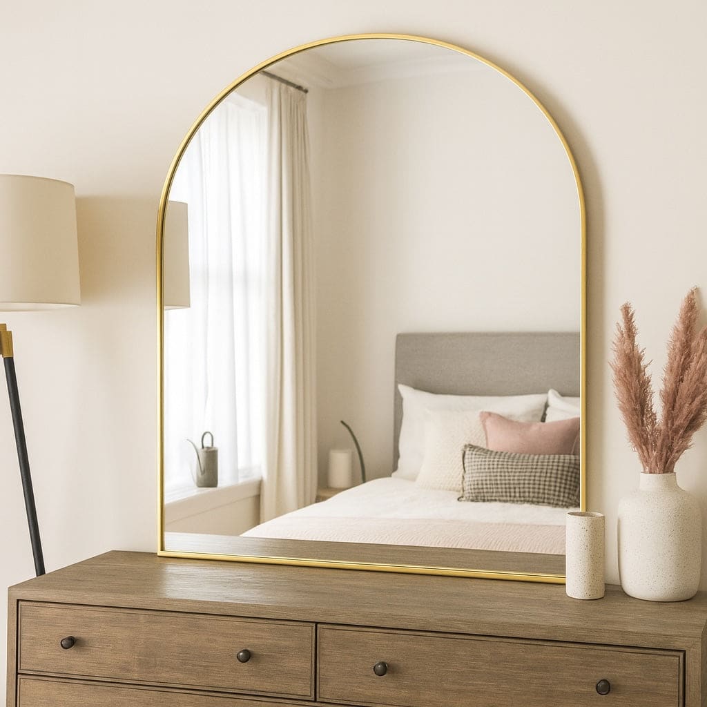 Akiko - Gold Metal Arched Mirror - 120cm x 95cm - Bargainia.com - 5061083361278 - AKI12095GLD