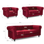 Chesterfield Velvet Sofa Suite, Red 3 Piece Set with Armchair, 2 Seater and 3 Seater Sofa, Button Back