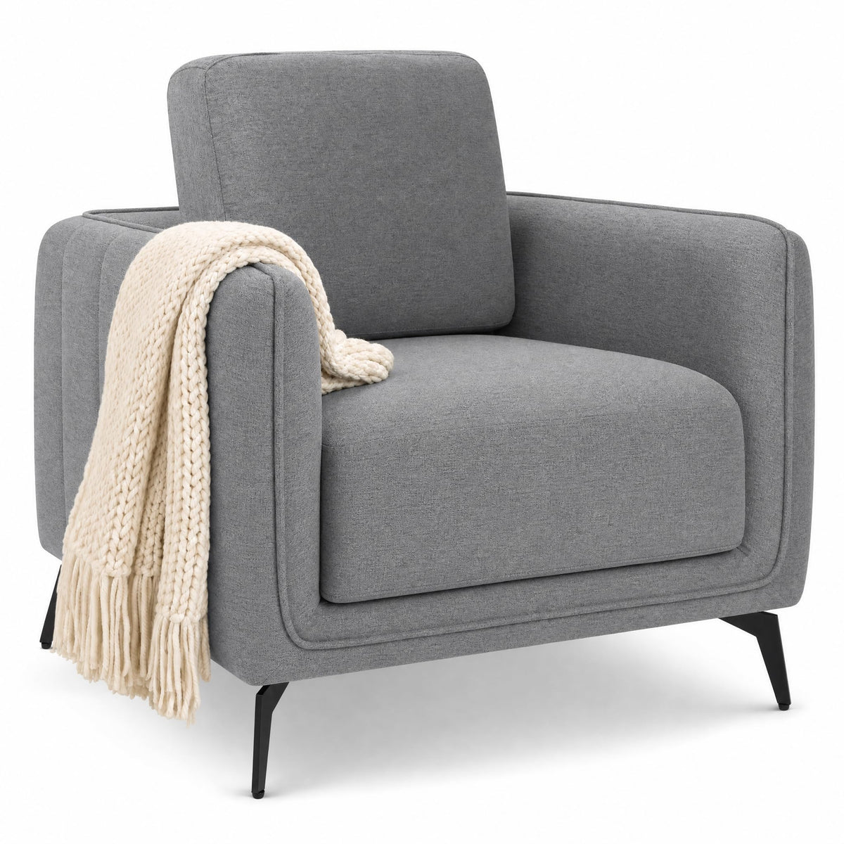 Brixton Grey Linen Look Fabric Armchair, Modern Accent Chair with Solid Wood Frame and Black Steel Legs