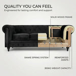 Chesterfield Velvet Sofa Suite, Black 3 Piece Set with Armchair, 2 Seater and 3 Seater Sofa, Button Back