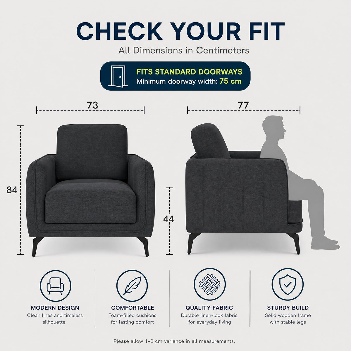 Brixton Dark Grey Linen Look Fabric Armchair, Modern Accent Chair with Solid Wood Frame and Black Steel Legs