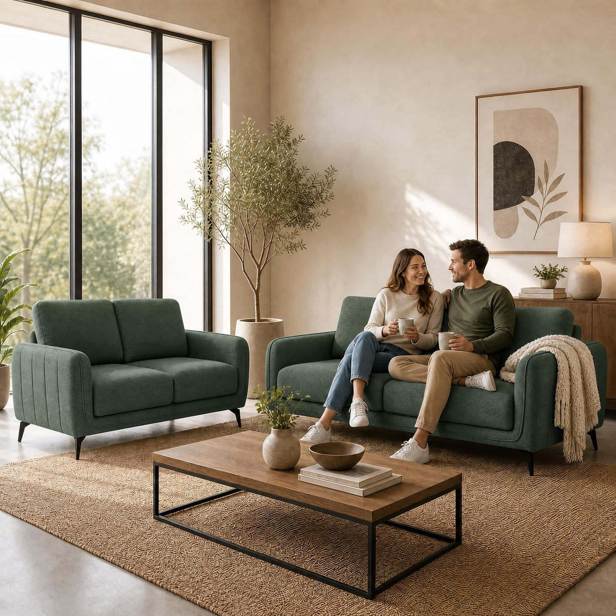 Brixton Green Fabric Sofa Set, 2 Seater and 3 Seater Linen Look Settees with Solid Wood Frame and Steel Legs