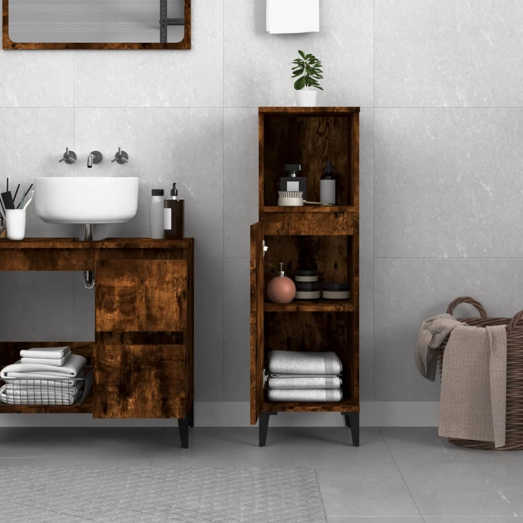 Bathroom Cabinet Smoked Oak 30x30x100 cm Engineered Wood - Bargainia.com - 