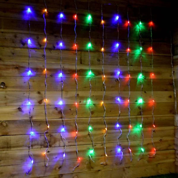 Battery Operated 8 Function LED Window Curtain Lights with Clear Cable (200 Lights - 2M x 1.5M) - Multicoloured Lights - Bargainia.com - 