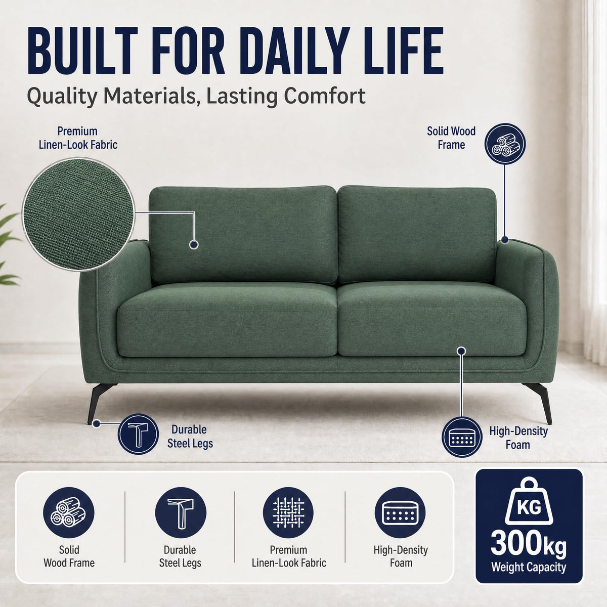 Brixton Green Linen Look Fabric 3 Seater Sofa, Modern Couch with Foam Cushions and Black Steel Legs