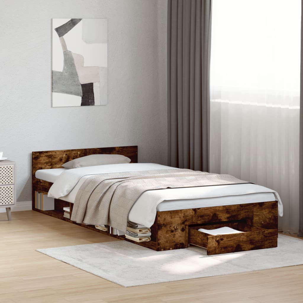 Bed Frame with Drawer without Mattress Smoked Oak 75x190 cm Small Single - Bargainia.com - 
