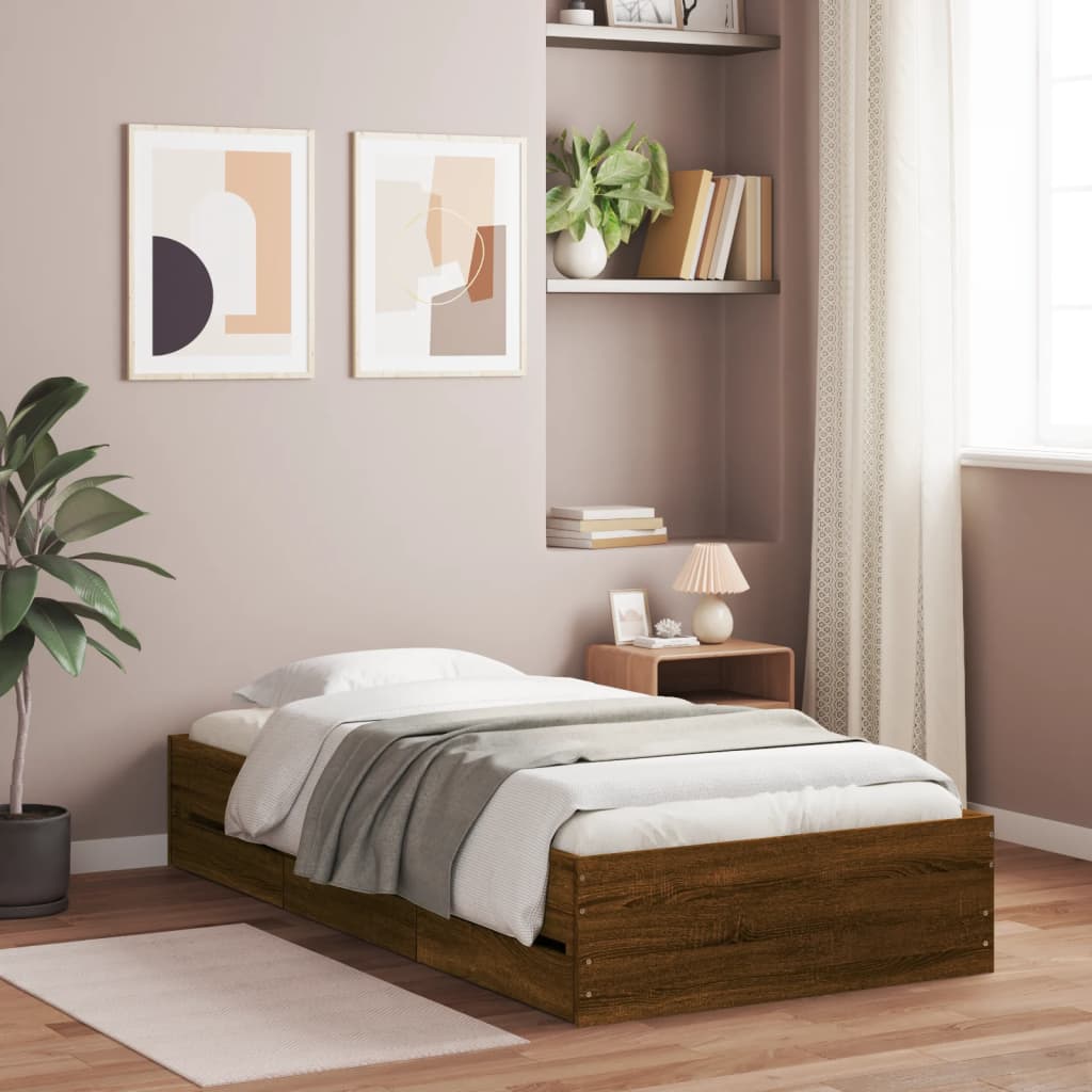 Bed Frame with Drawers without Mattress Brown Oak 75x190 cm Small Single - Bargainia.com - 