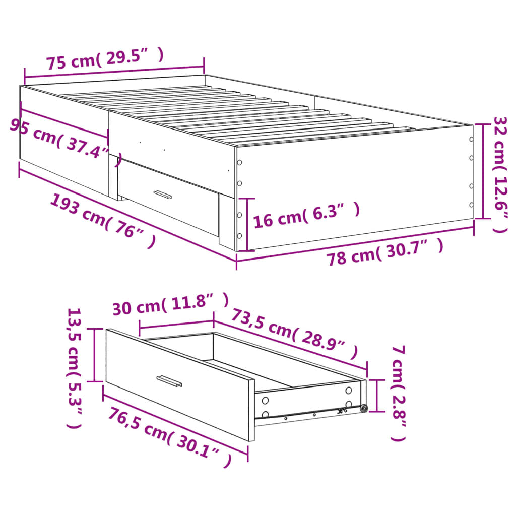 Bed Frame with Drawers without Mattress Brown Oak 75x190 cm Small Single - Bargainia.com - 
