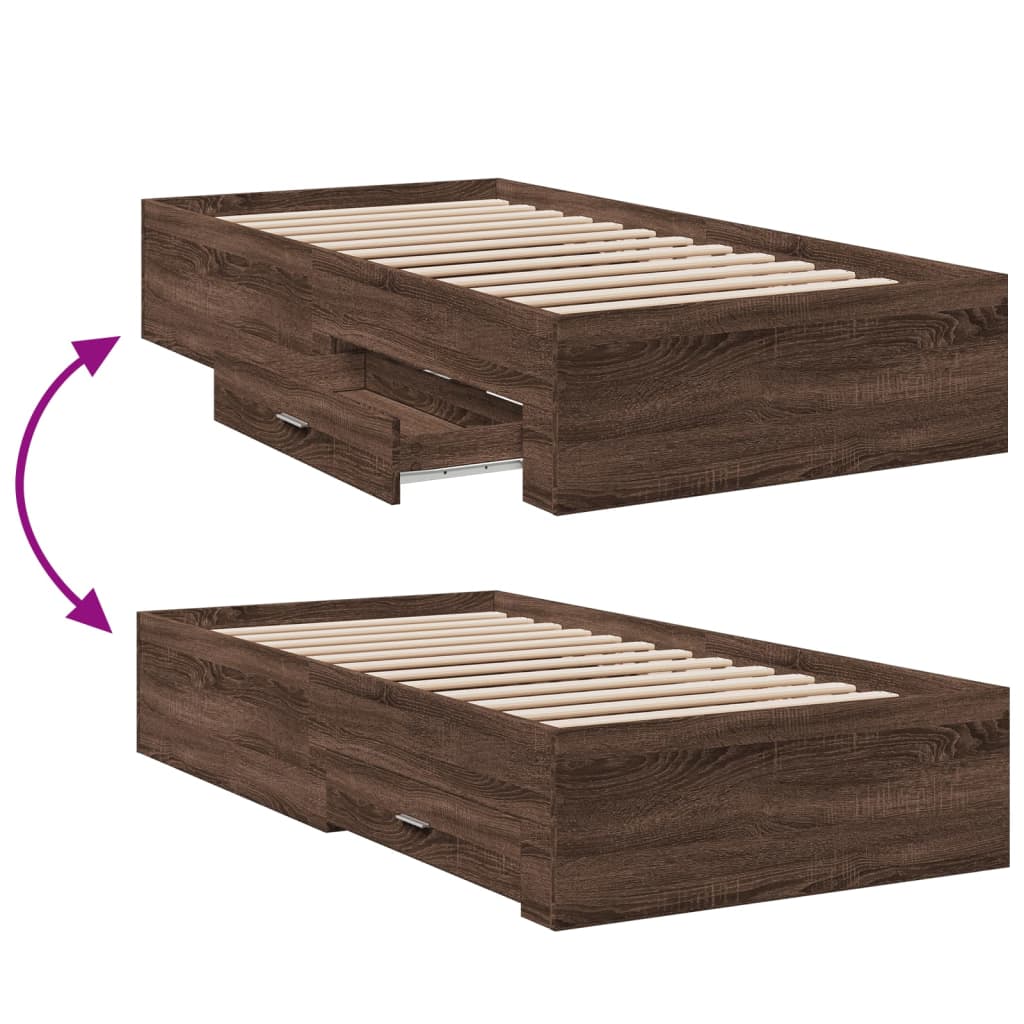 Bed Frame with Drawers without Mattress Brown Oak 75x190 cm Small Single - Bargainia.com - 
