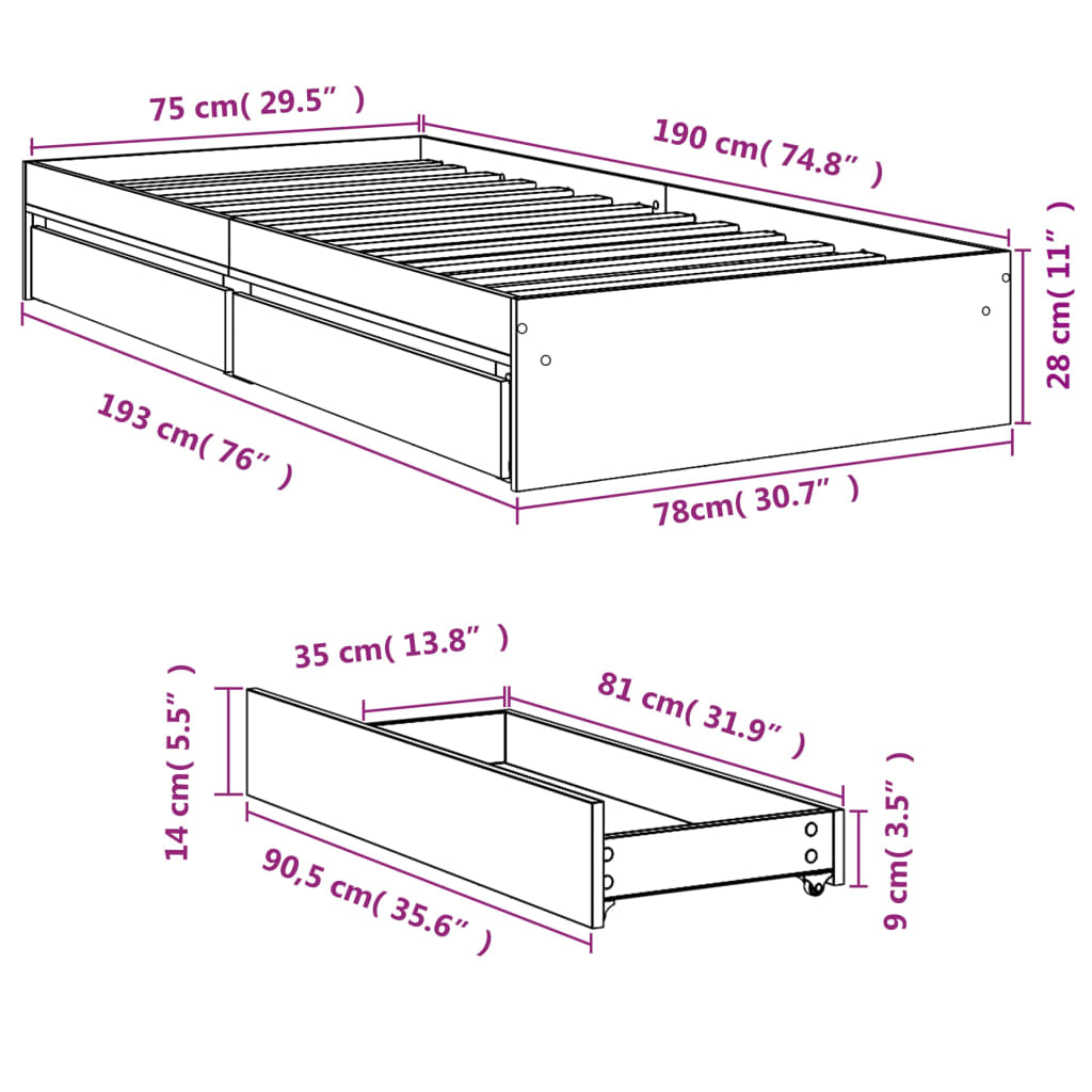 Bed Frame with Drawers without Mattress Brown Oak 75x190 cm Small Single - Bargainia.com - 