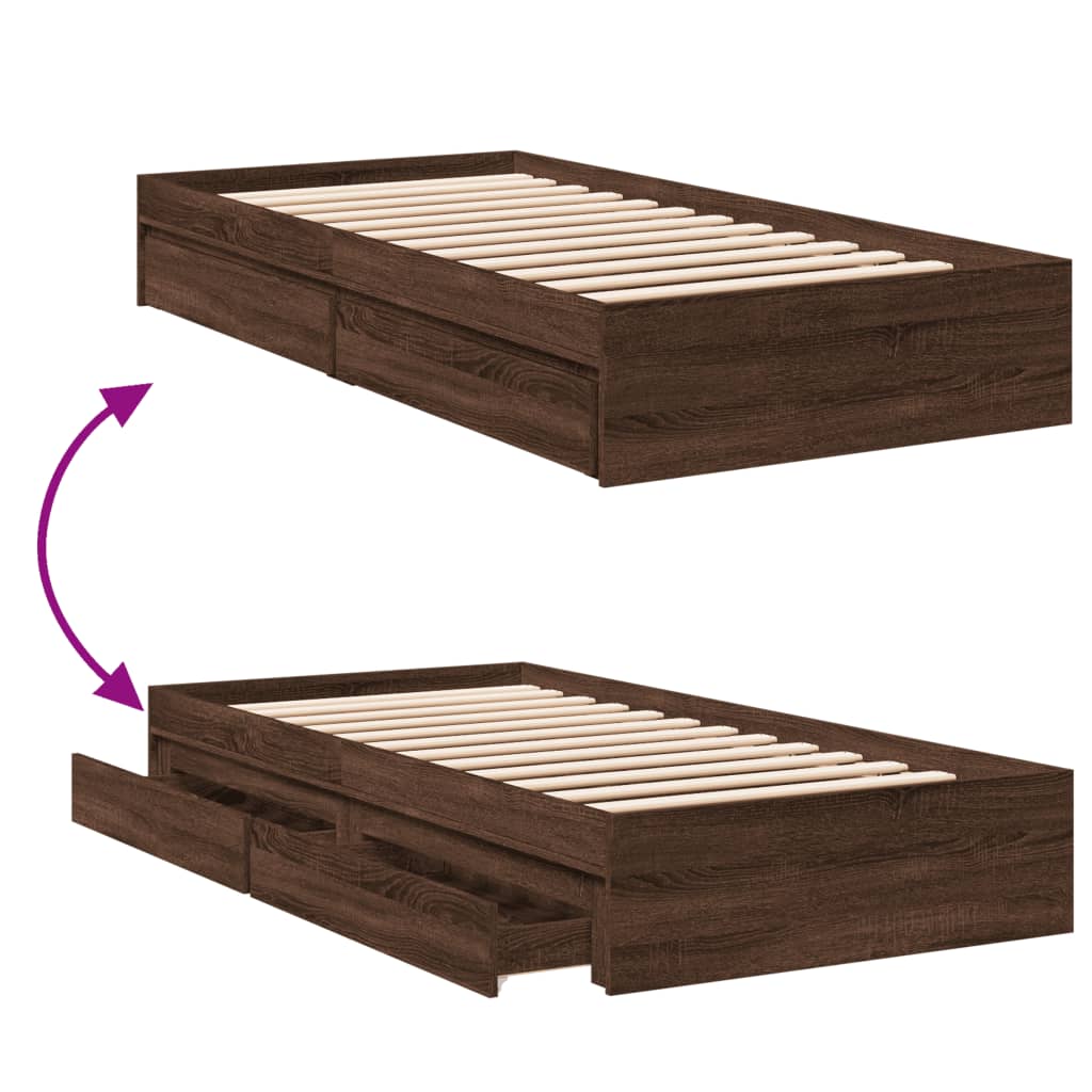 Bed Frame with Drawers without Mattress Brown Oak 75x190 cm Small Single - Bargainia.com - 