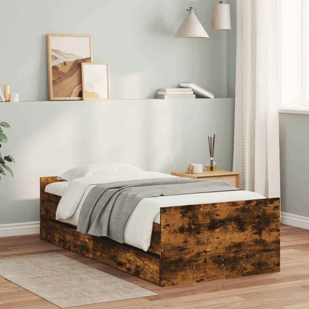 Bed Frame with Drawers without Mattress Smoked Oak 90x190 cm Single - Bargainia.com - 