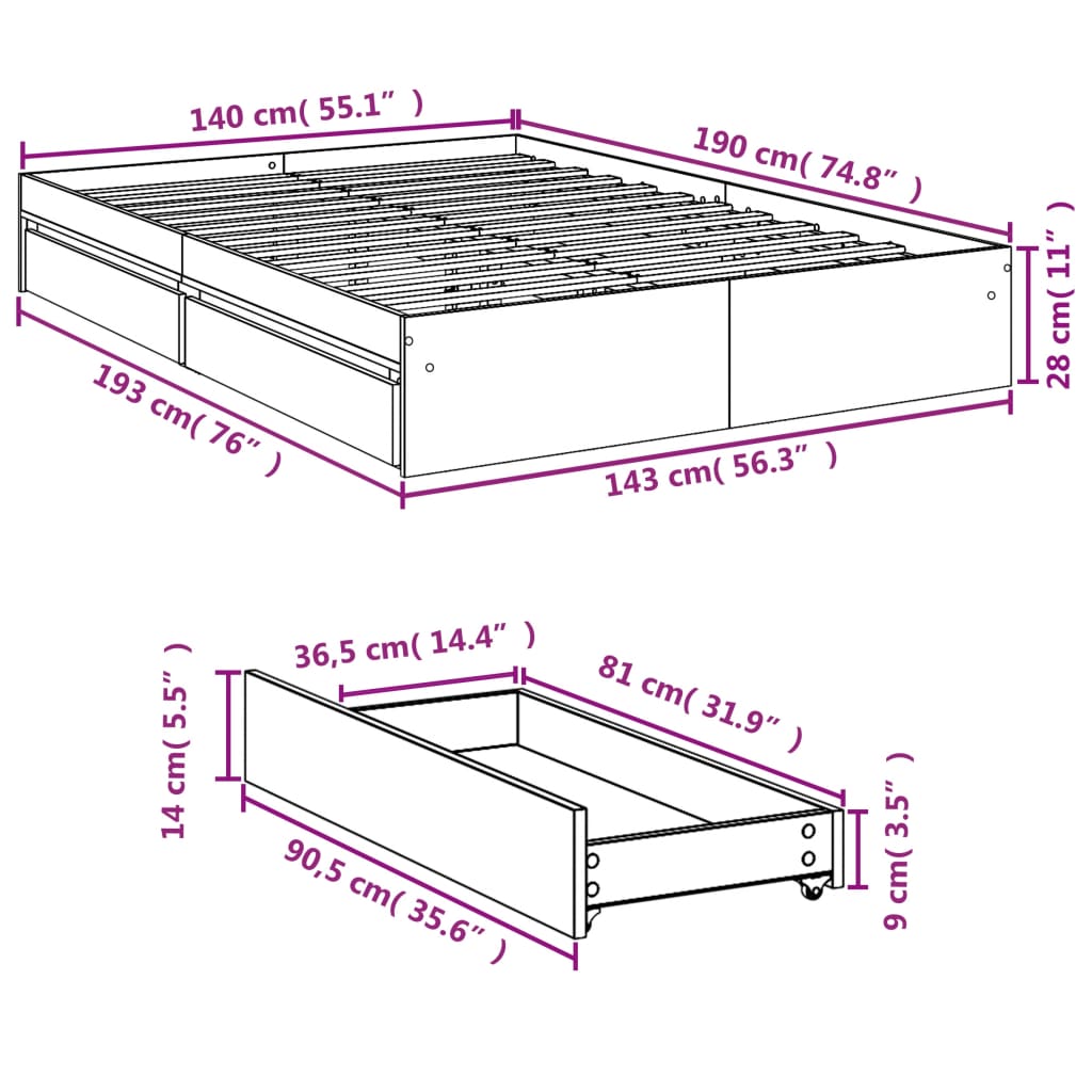 Bed Frame with Drawers without Mattress White 140x190 cm - Bargainia.com - 8721102623387 - 3280685
