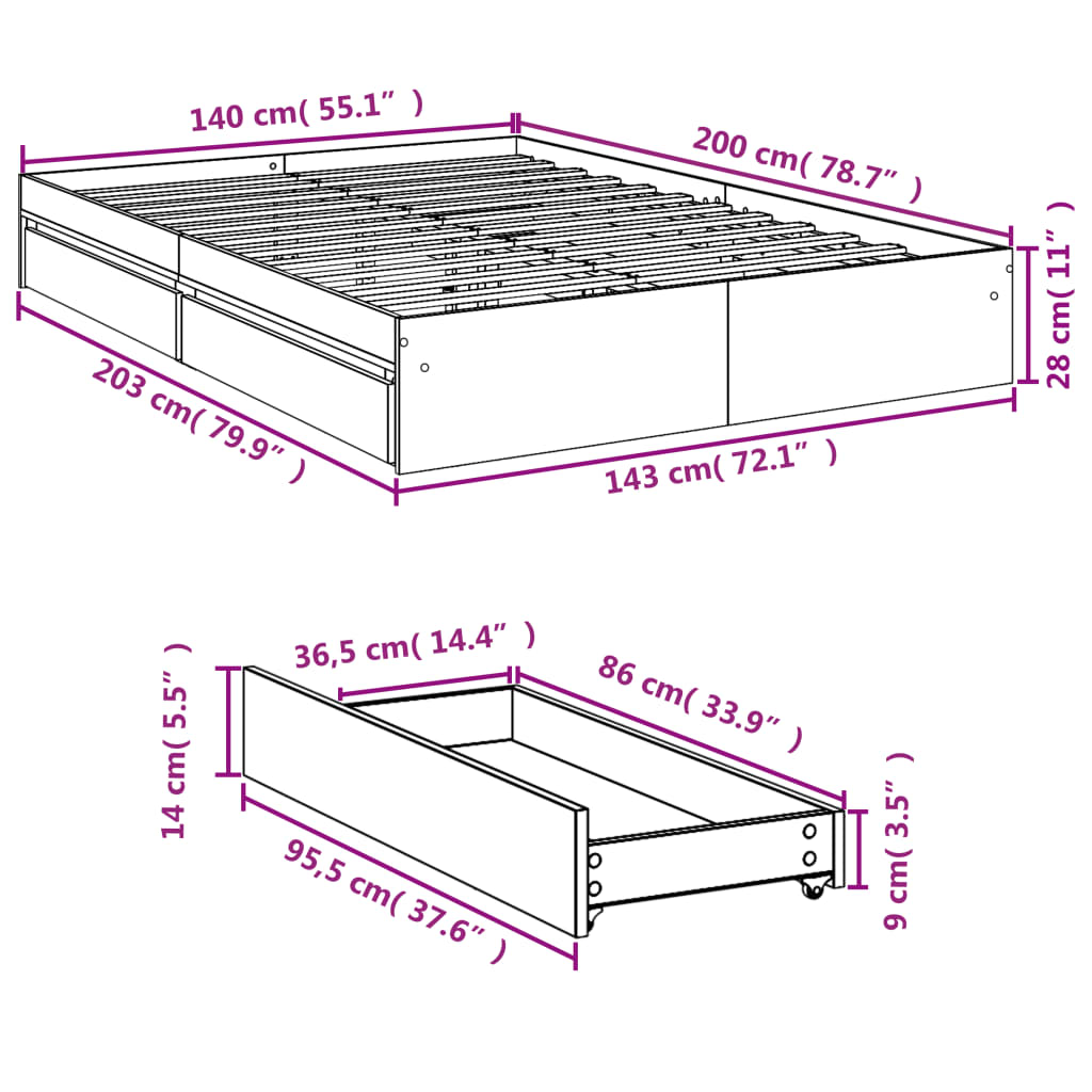 Bed Frame with Drawers without Mattress White 140x200 cm - Bargainia.com - 8721102623103 - 3280657