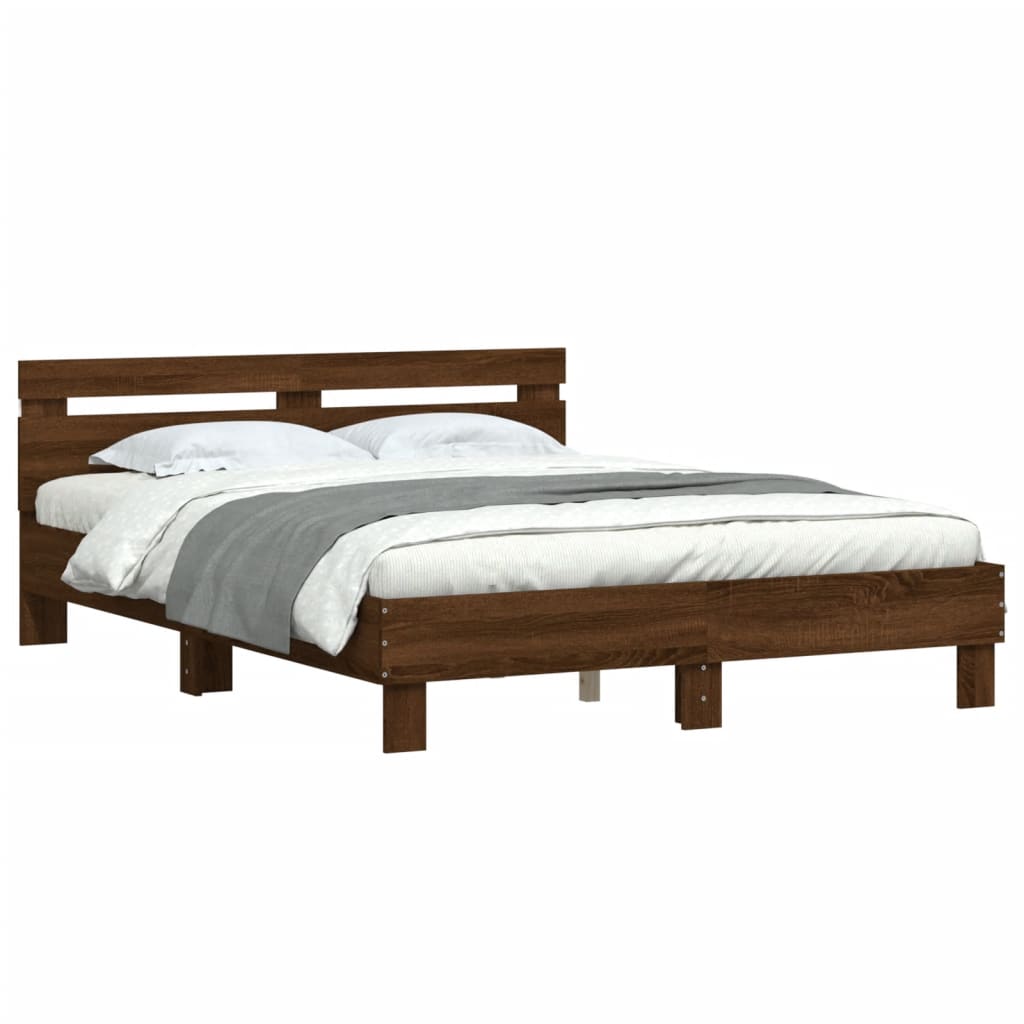 Bed Frame with LED without Mattress Brown Oak 150x200 cm King Size - Bargainia.com - 