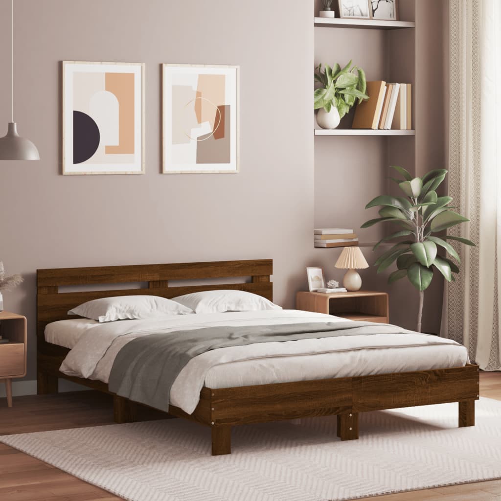 Bed Frame with LED without Mattress Brown Oak 150x200 cm King Size - Bargainia.com - 