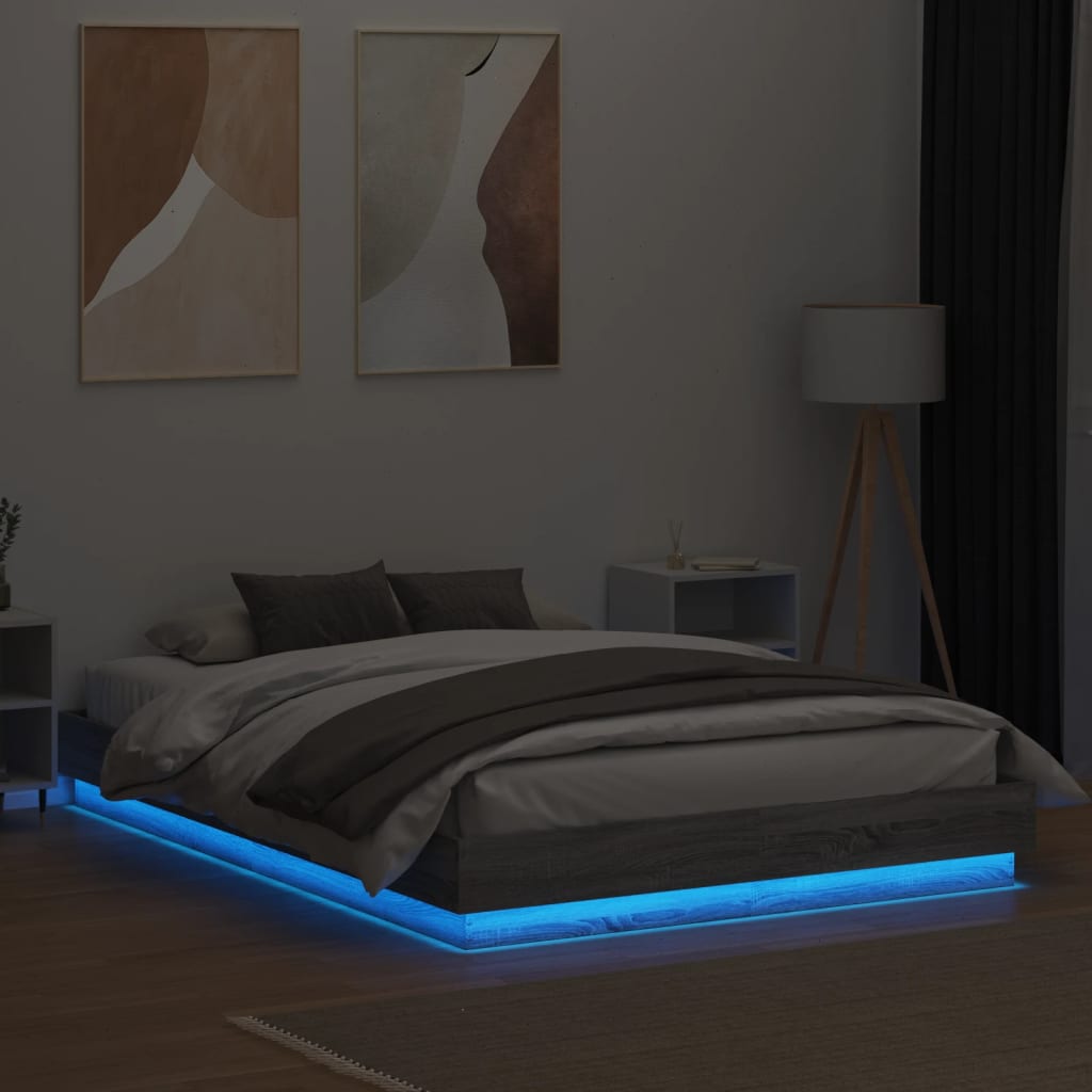 Bed Frame with LED without Mattress Grey Sonoma 150x200 cm King Size - Bargainia.com - 