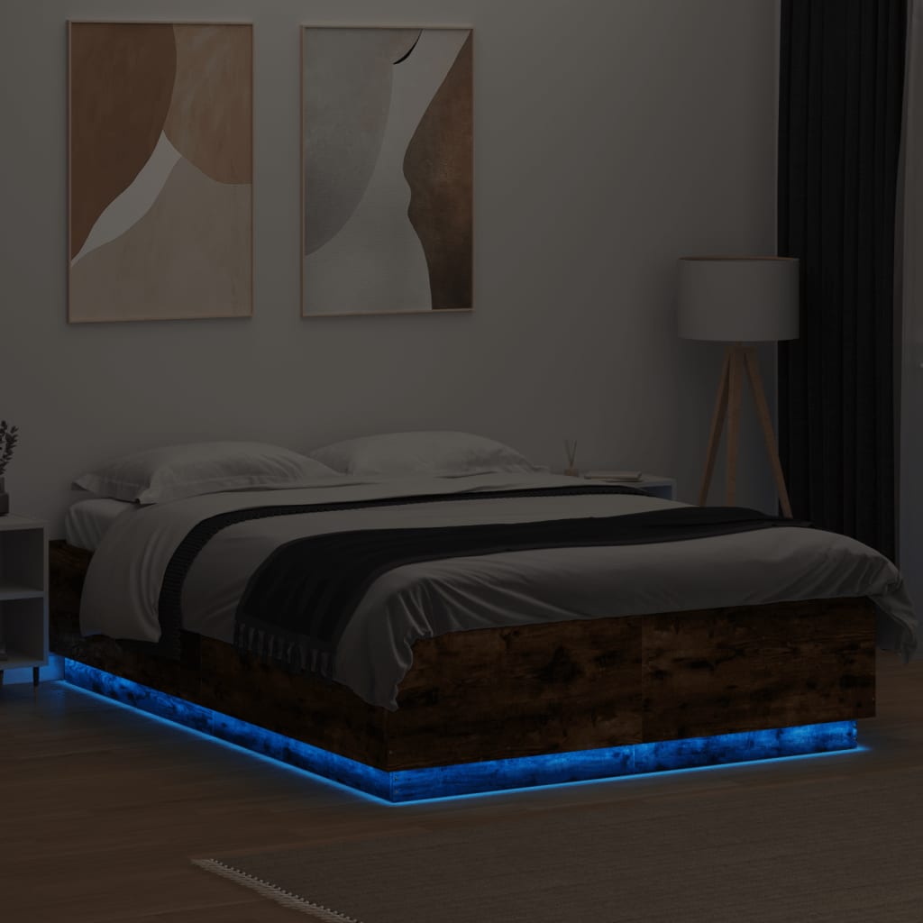Bed Frame with LED without Mattress Smoked Oak 150x200 cm King Size - Bargainia.com - 